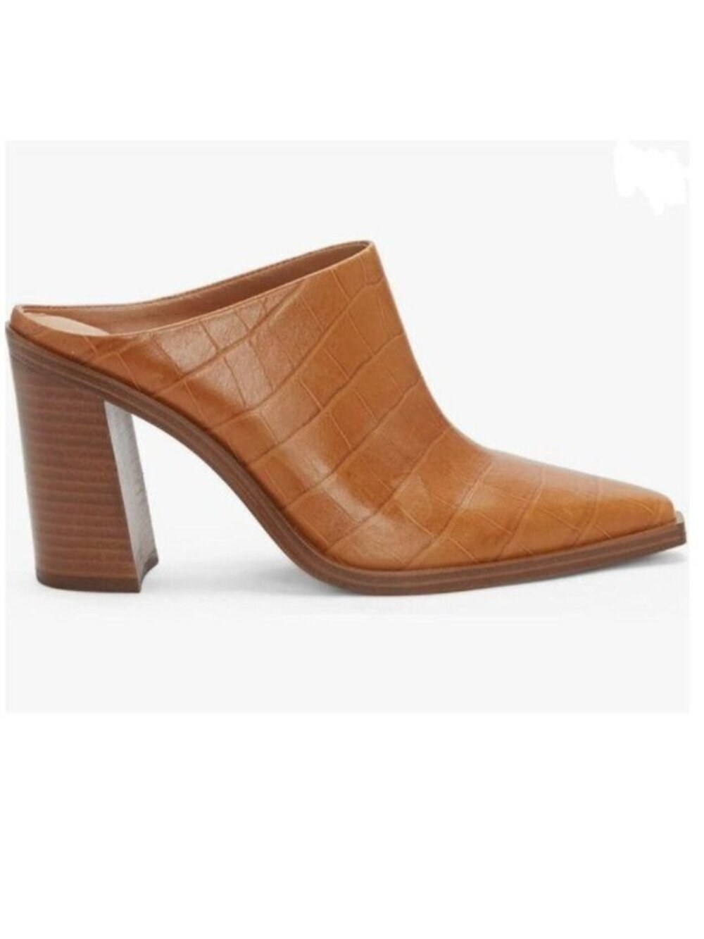 FOWT Brown Crocodile Embossed Mules Chunky Stacked Heel Pointed Toe Slippers